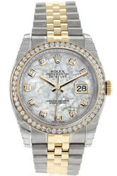 Rolex Datejust 36 White Mother-Of-Pearl Set With Diamonds Dial 18K Gold Diamond Bezel Jubilee Ladies